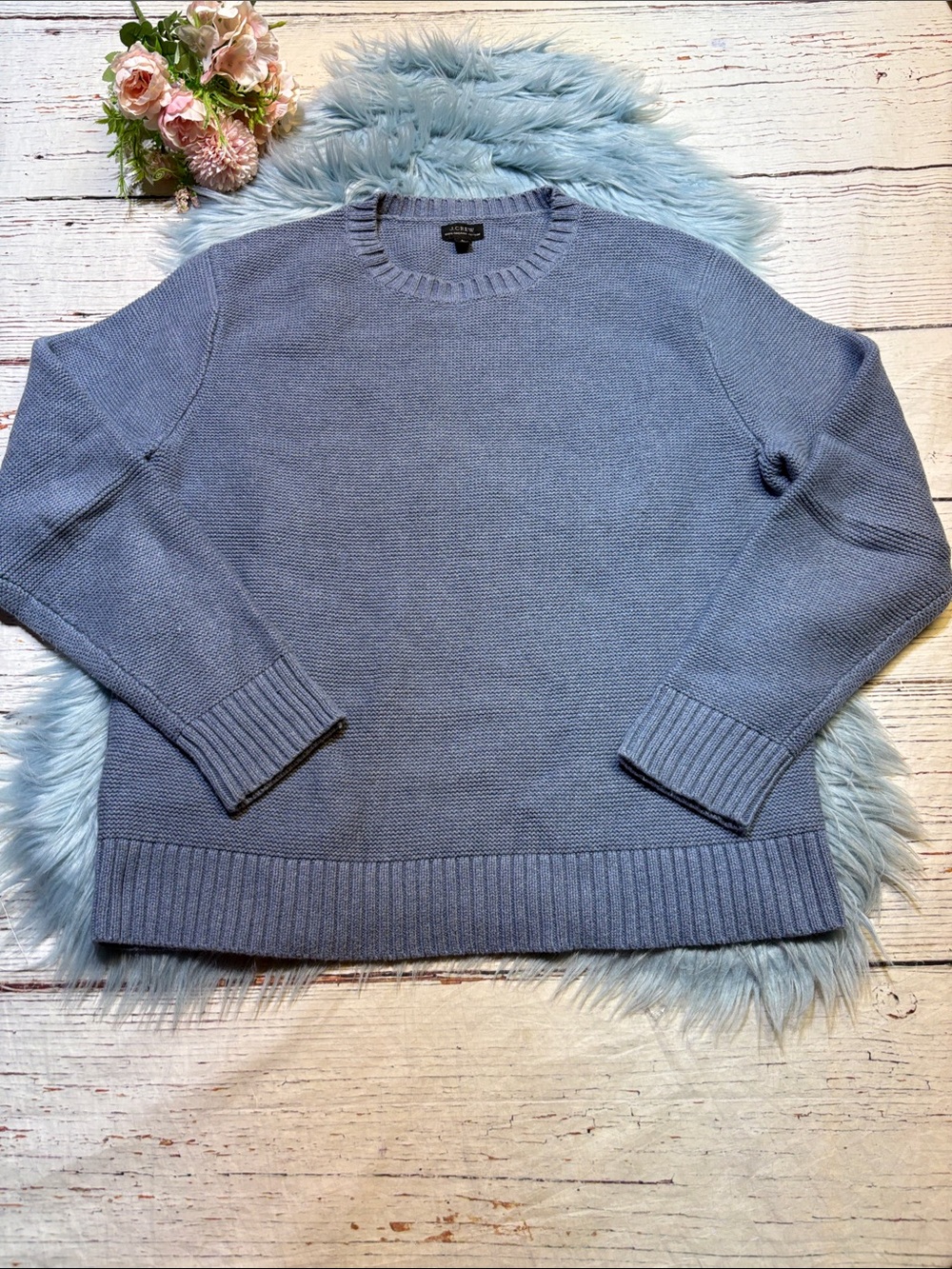 J. Crew Organic Cotton Crewneck Sweater in Garter Stitch Blue sz L